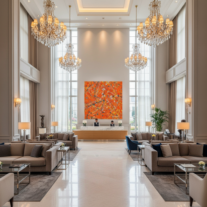 Luxurious hotel lobby with high ceilings, chandeliers, and a reception desk.