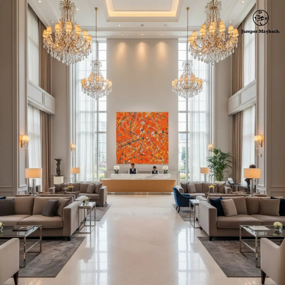 Luxurious hotel lobby with high ceilings, chandeliers, and a reception desk.
