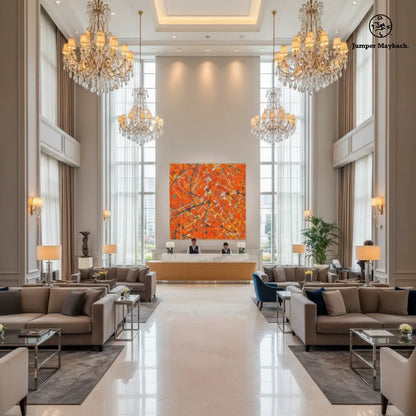 Luxurious hotel lobby with high ceilings, chandeliers, and a reception desk.