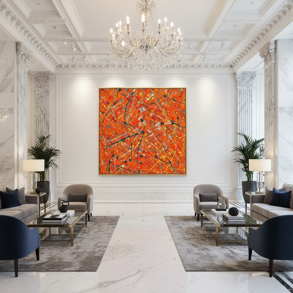 Luxurious living room with a large abstract orange painting, modern furniture, and decorative elements.