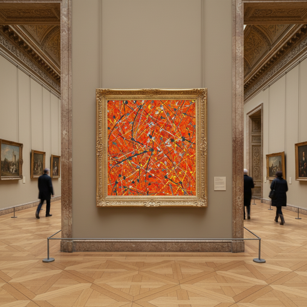 Abstract painting in a museum with people in the background