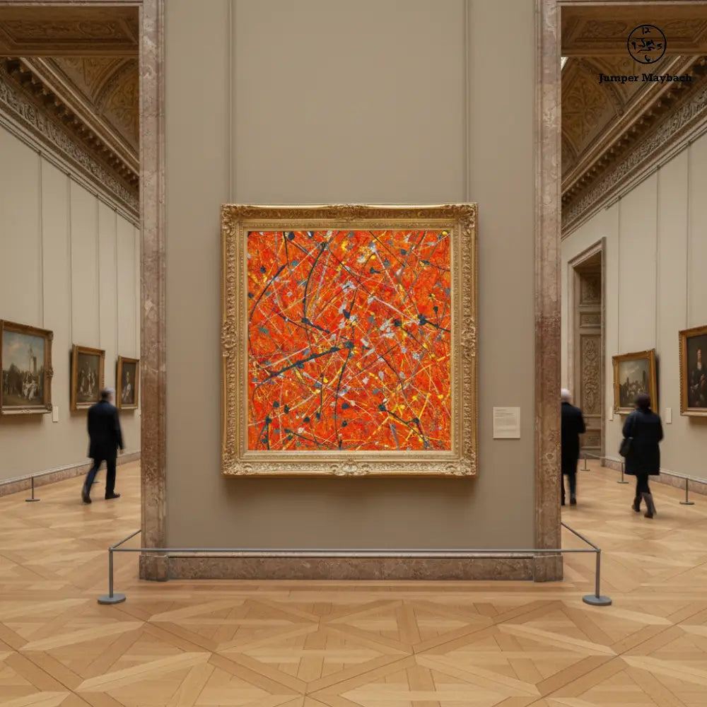 Abstract painting in a museum with people in the background