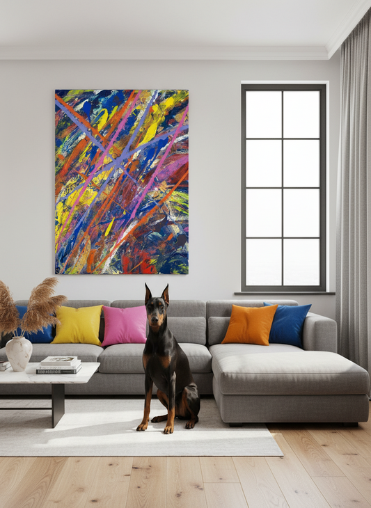 Dog standing on a gray sectional sofa with colorful abstract painting and window in background