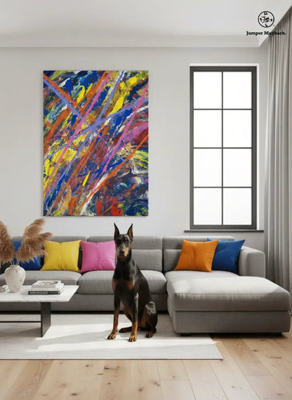 Dog standing on a gray sectional sofa with colorful abstract painting and window in background