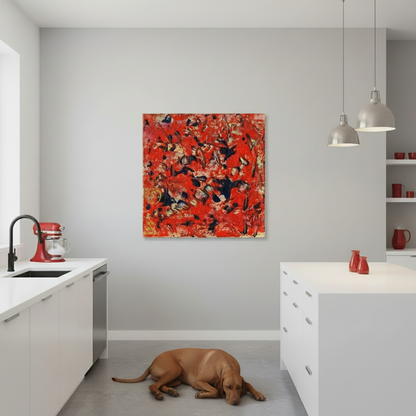 Modern kitchen with a red abstract painting on the wall