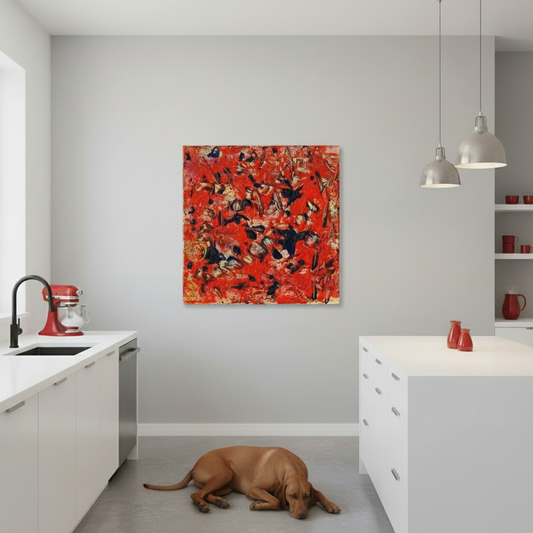 Modern kitchen with a red abstract painting on the wall