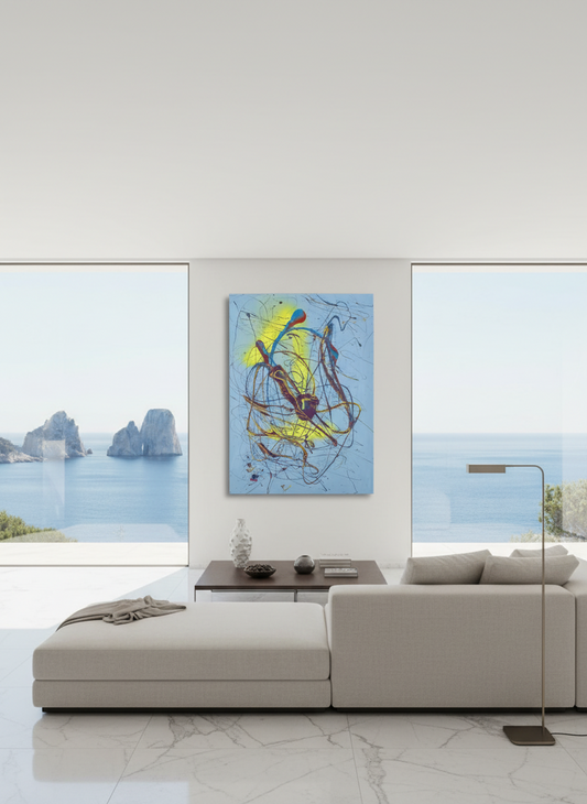 Modern living room with a large abstract painting, white sofa, and scenic view.