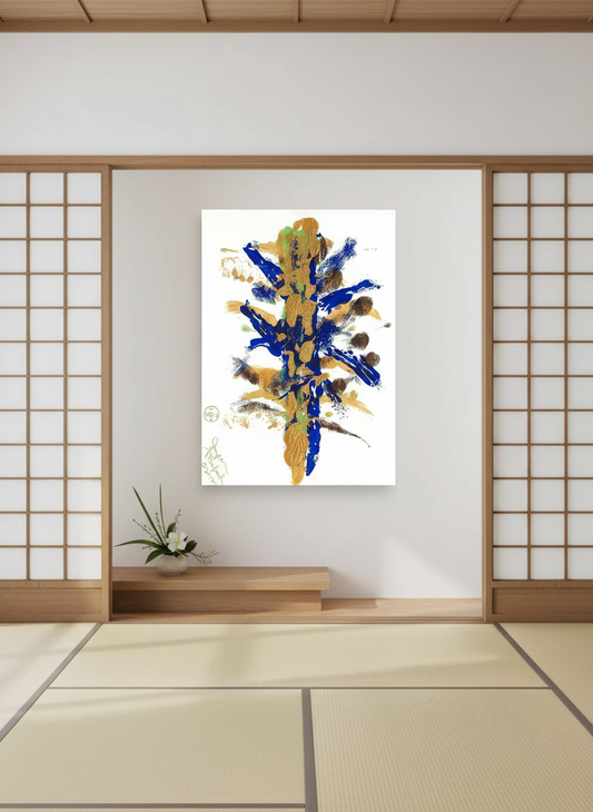 Abstract art piece with blue and gold colors on a white wall in a room with wooden floors and sliding doors.