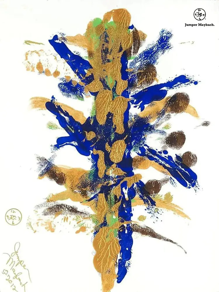 Abstract art piece with blue and gold colors on a white wall in a room with wooden floors and sliding doors.