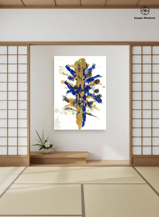 Abstract art piece with blue and gold colors on a white wall in a room with wooden floors and sliding doors.