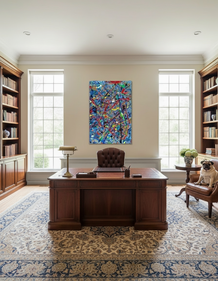 Luxury office with wooden desk, bookshelves, and a colorful abstract painting.