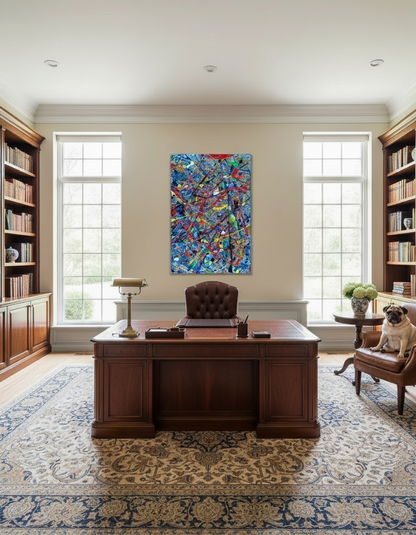 Luxury office with wooden desk, bookshelves, and a colorful abstract painting.