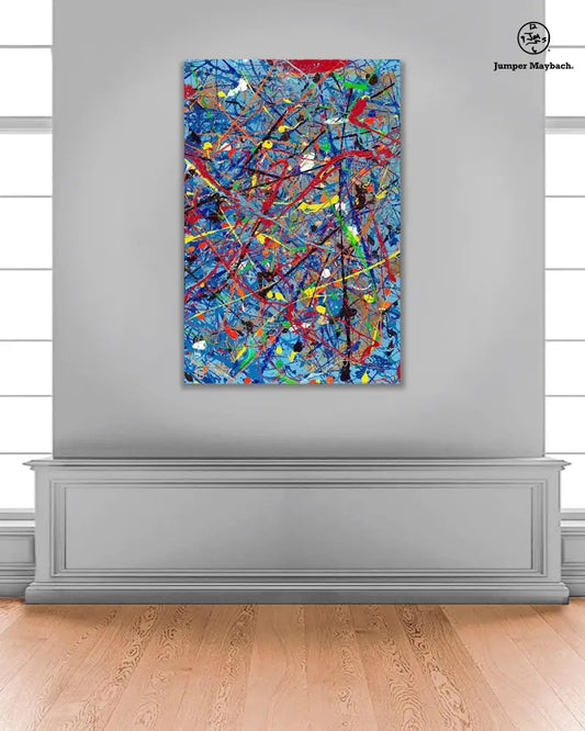 Luxury office with wooden desk, bookshelves, and a colorful abstract painting.