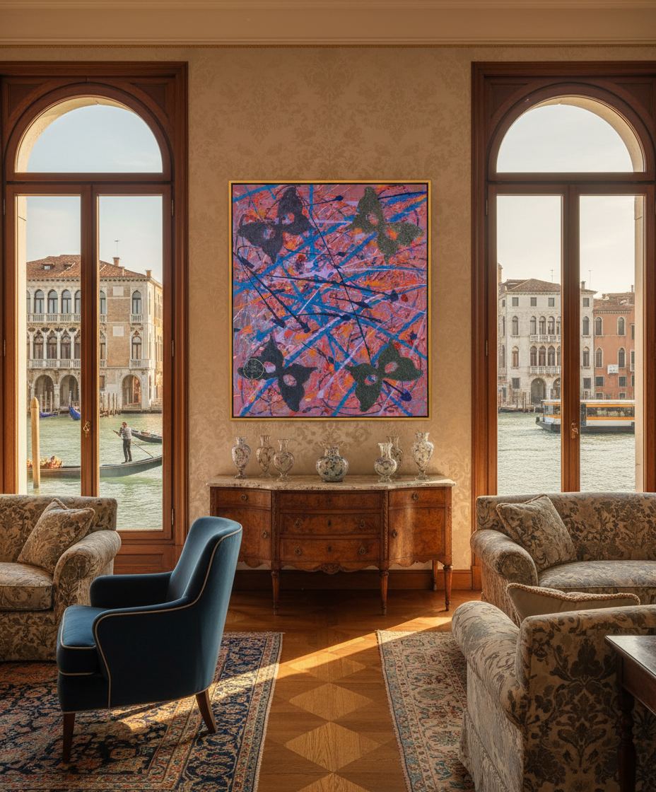 Living room with a large abstract painting, two armchairs, and a view of a canal.