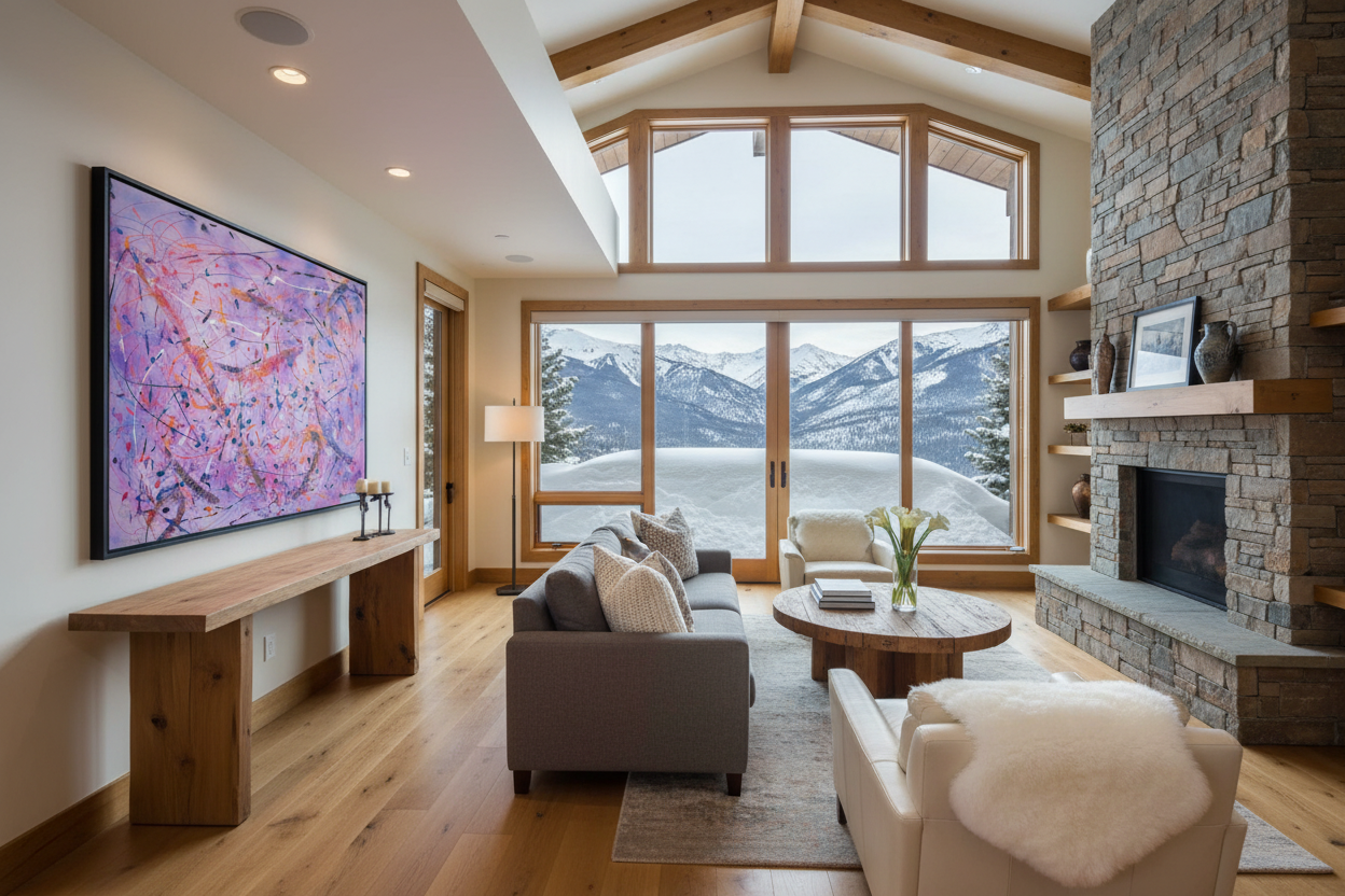 Modern living room with a large TV, sofa, and fireplace with a scenic mountain view.