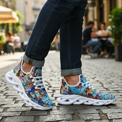Colorful sneakers with white soles worn on a cobblestone street.