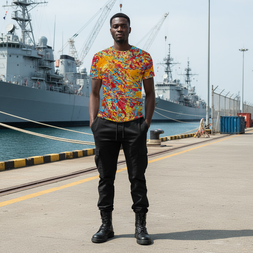 Man wearing a colorful shirt and black pants standing in front of ships at a dock.