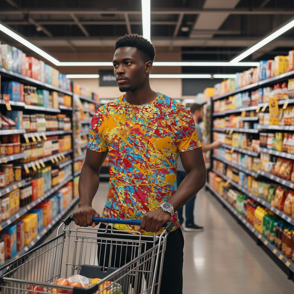 Man pushing a shopping cart in a grocery store aisle