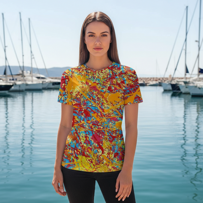 Woman wearing a colorful patterned shirt standing by a marina with boats in the background