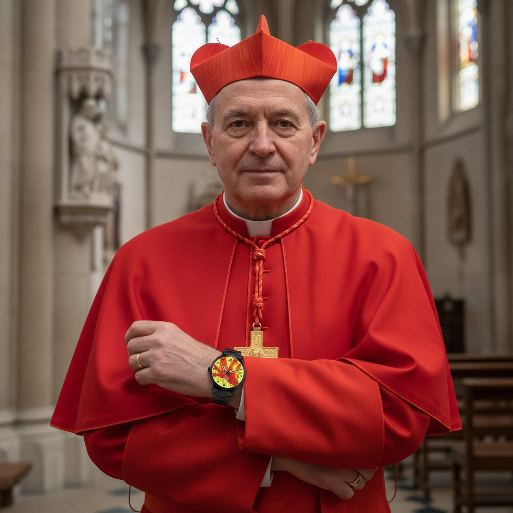 Cardinal in red vestments with a colorful watch, standing in a church setting.