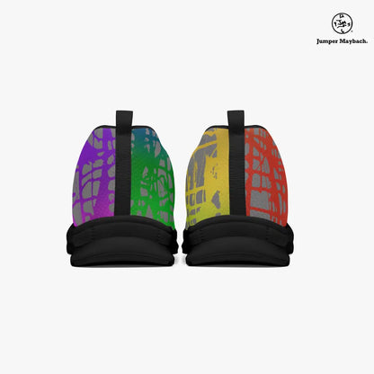Rainbow Matrix athletic sneakers by Jumper Maybach® featuring vibrant rainbow colors and sporty design for men and women.