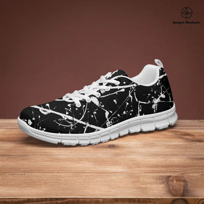 Aliens on the Moon athletic sneakers by Jumper Maybach® featuring space-themed design, black and white color, versatile for men and women.
