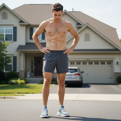 Man standing shirtless in front of a house wearing gray shorts and white sneakers.