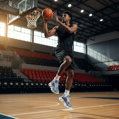Basketball player in action on a court with seats in the background
