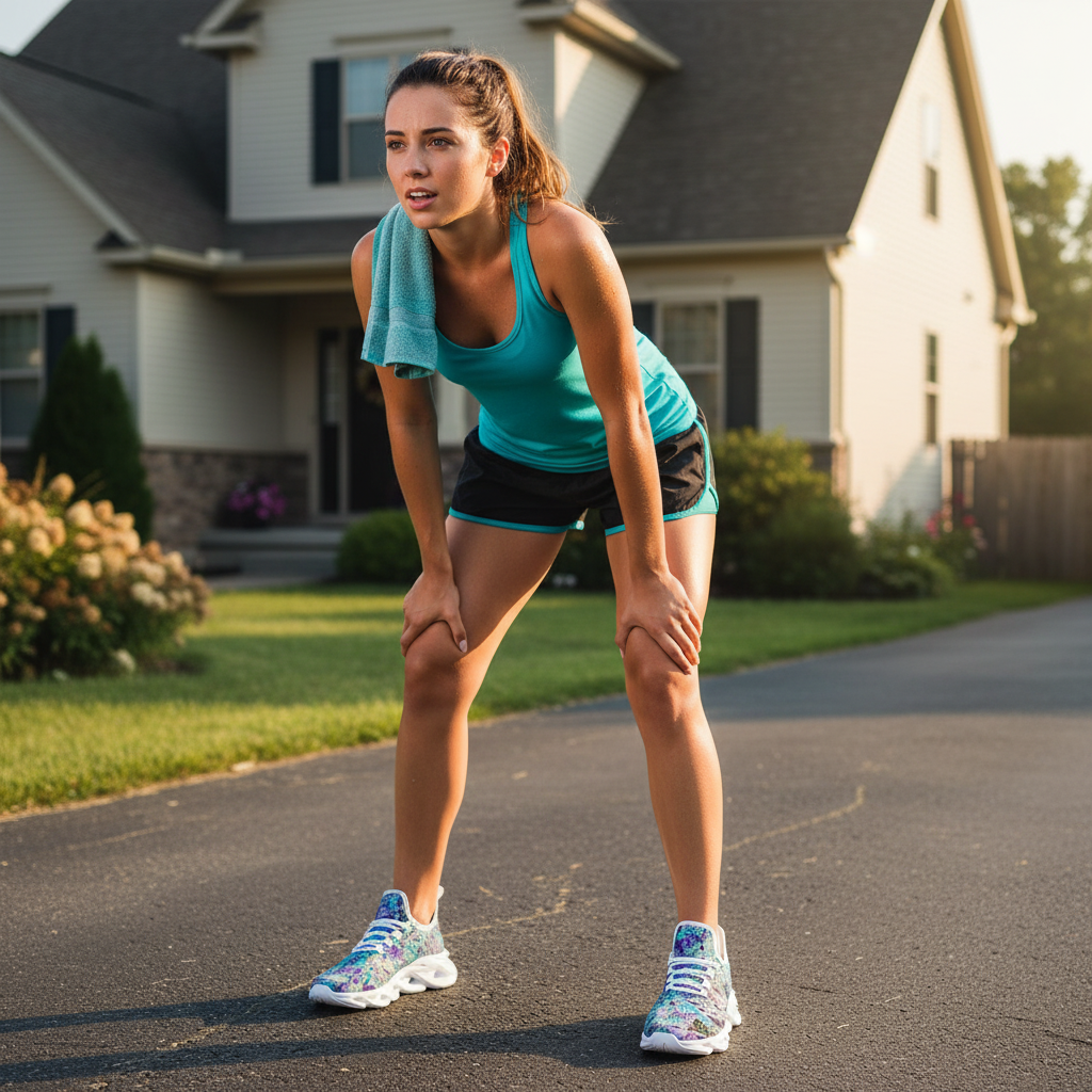 Woman taking a break from running on a suburban street