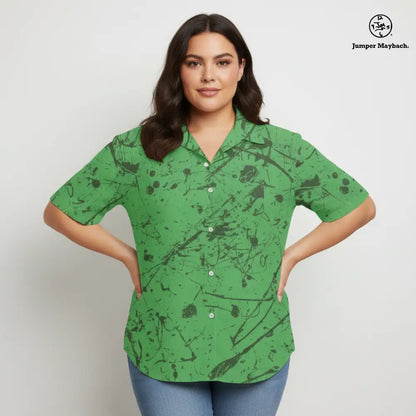 Plus size men's resort shirt featuring alien and forest print by Jumper Maybach®, unisex design, in vibrant colors.