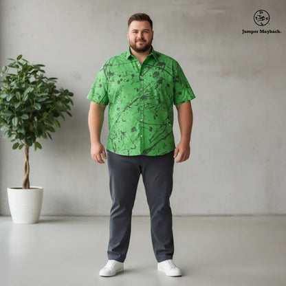 Plus size unisex resort shirt by Jumper Maybach with alien forest print, men's casual clothing from JetPrint Fulfillment.