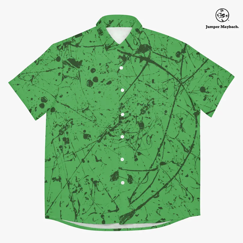 Unisex Aliens in the Forest Resort shirt by Jumper Maybach® featuring colorful alien and forest design, men's casual clothing.