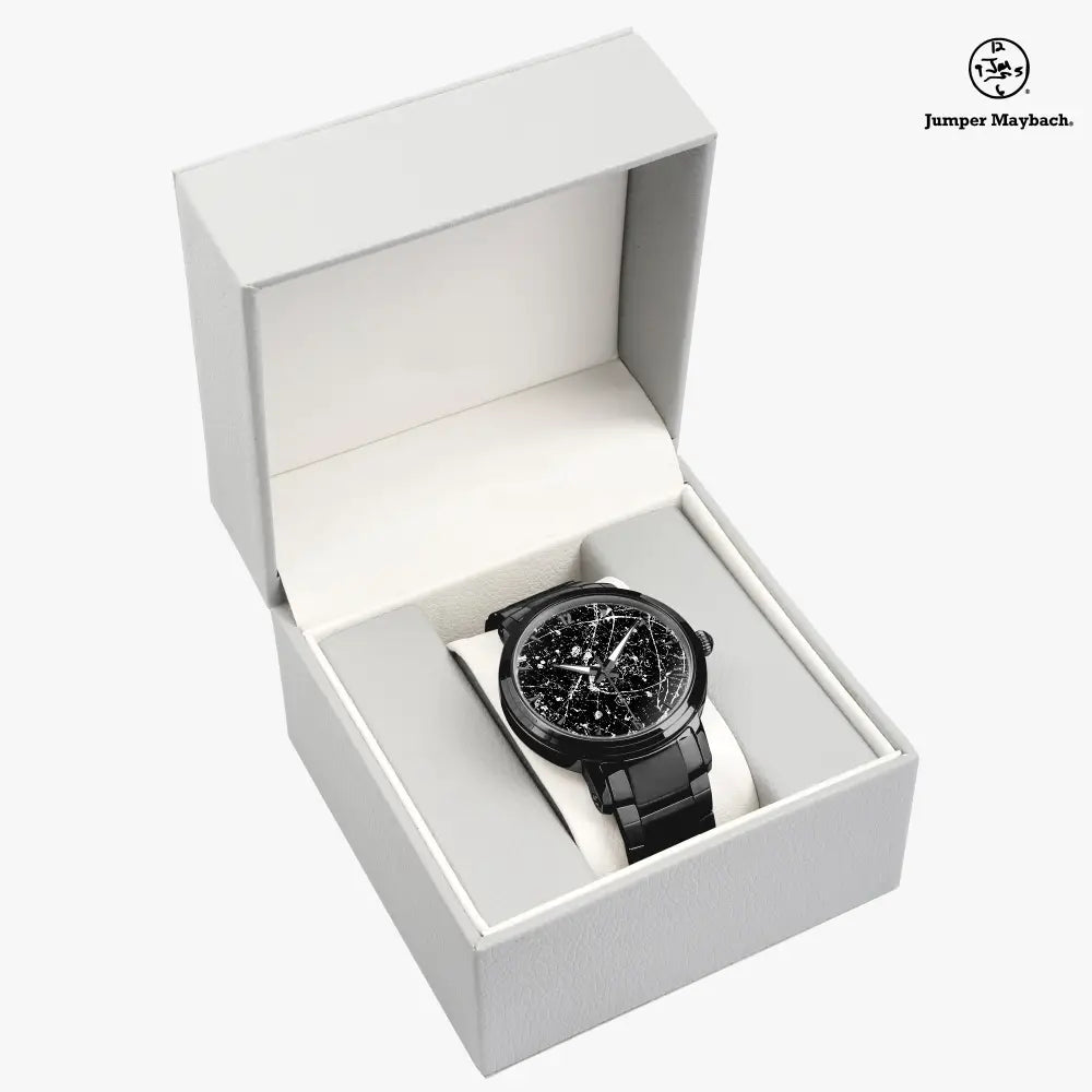 Steel strap automatic watch by Jumper Maybach featuring alien on the moon design and time indicators, branded by JetPrint Fulfillment.