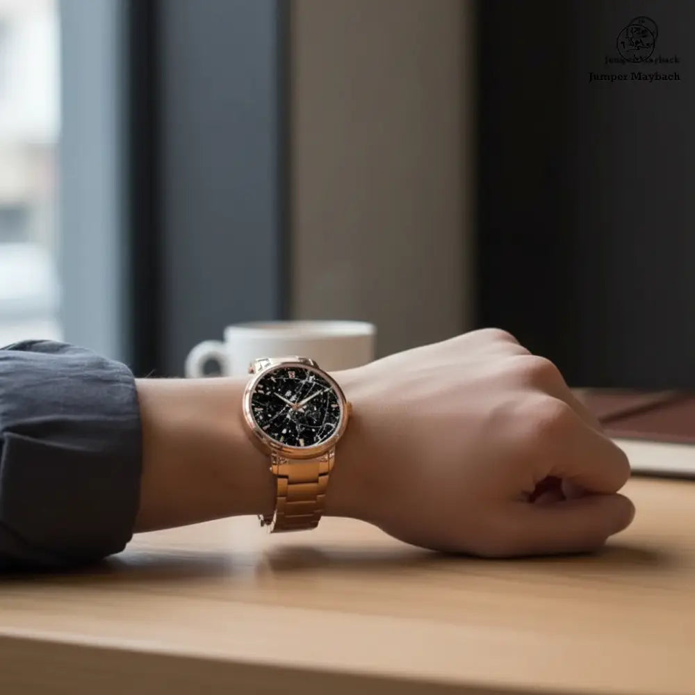 Steel strap watch by Jumper Maybach featuring an alien on the moon with side profile and time indicators.