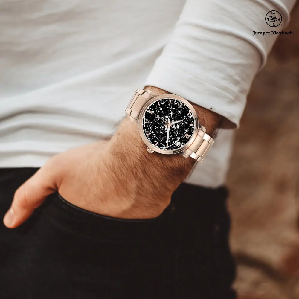 JetPrint Fulfillment steel strap watch featuring an Aliens on the Moon design and automatic movement with indicators.
