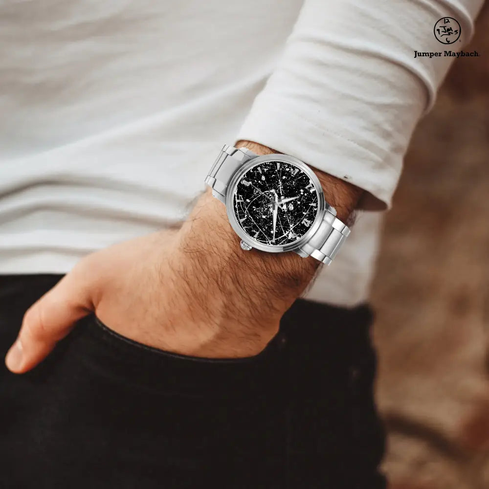 JetPrint Fulfillment Aliens on the Moon steel strap automatic watch with indicators, featuring a space-themed design on the dial.