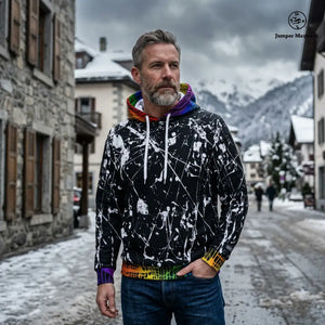 Aliens on the Moon with Rainbow Matrix Contrast Trim - Unisex Pullover Hoodie by Jumper Maybach®