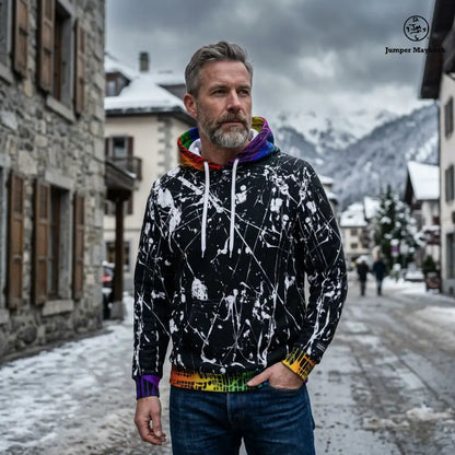 Aliens on the Moon with Rainbow Matrix Contrast Trim - Unisex Pullover Hoodie by Jumper Maybach® - All Over Prints