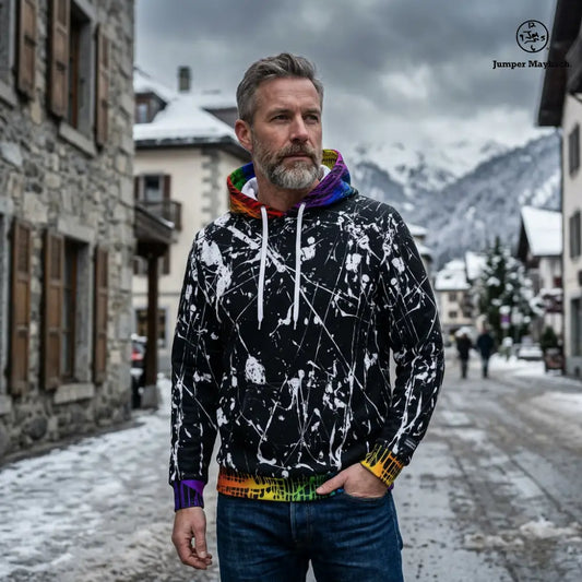 Aliens on the Moon with Rainbow Matrix Contrast Trim - Unisex Pullover Hoodie by Jumper Maybach® - All Over Prints