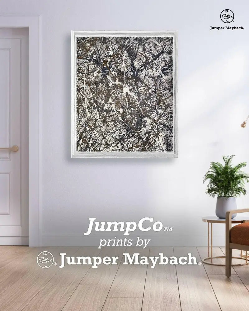 Print on paper titled "Arc of Ashes" by Jumper Maybach, featuring abstract artwork in a white room setting.
