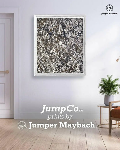 Print on paper titled "Arc of Ashes" by Jumper Maybach, featuring abstract artwork in a white room setting.