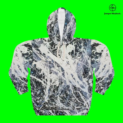 Unisex Jumper Maybach® Awakening all-over print hoodie with vibrant abstract design on black fabric.