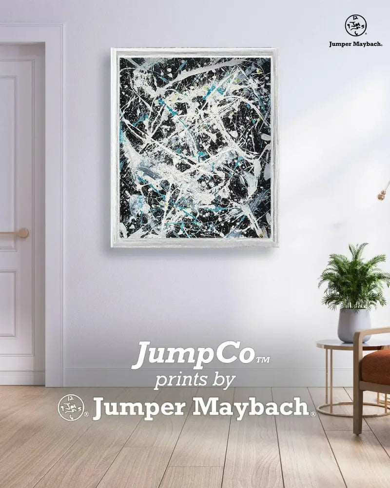 Print of Jumper Maybach's "Awakening" artwork on paper, featuring vibrant colors and abstract design in a white room setting.