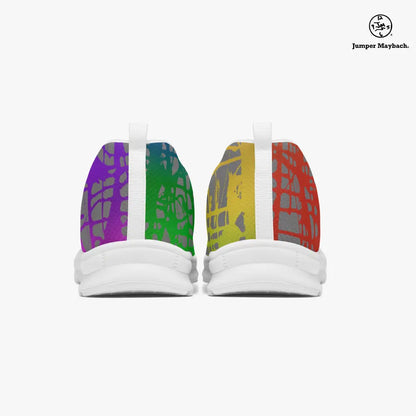 Rainbow Matrix athletic sneakers by Jumper Maybach for men and women, featuring colorful geometric patterns and sporty design.