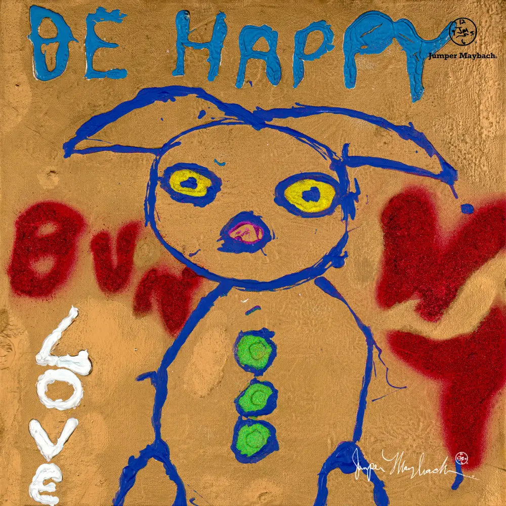 Be Happy Bunny print on paper by Jumper Maybach, colorful bunny artwork for wall decor.