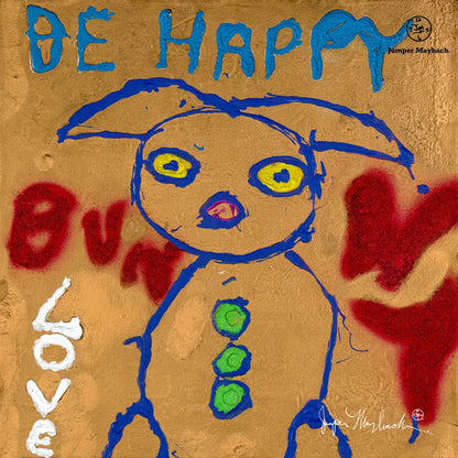 Be Happy Bunny print on paper by Jumper Maybach, colorful bunny artwork for wall decor.