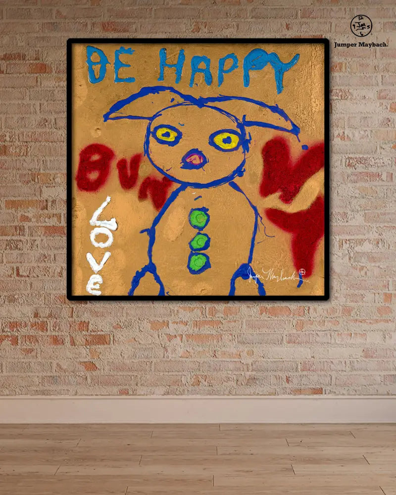 Be Happy Bunny print on paper by Jumper Maybach, featuring a colorful, whimsical bunny illustration.