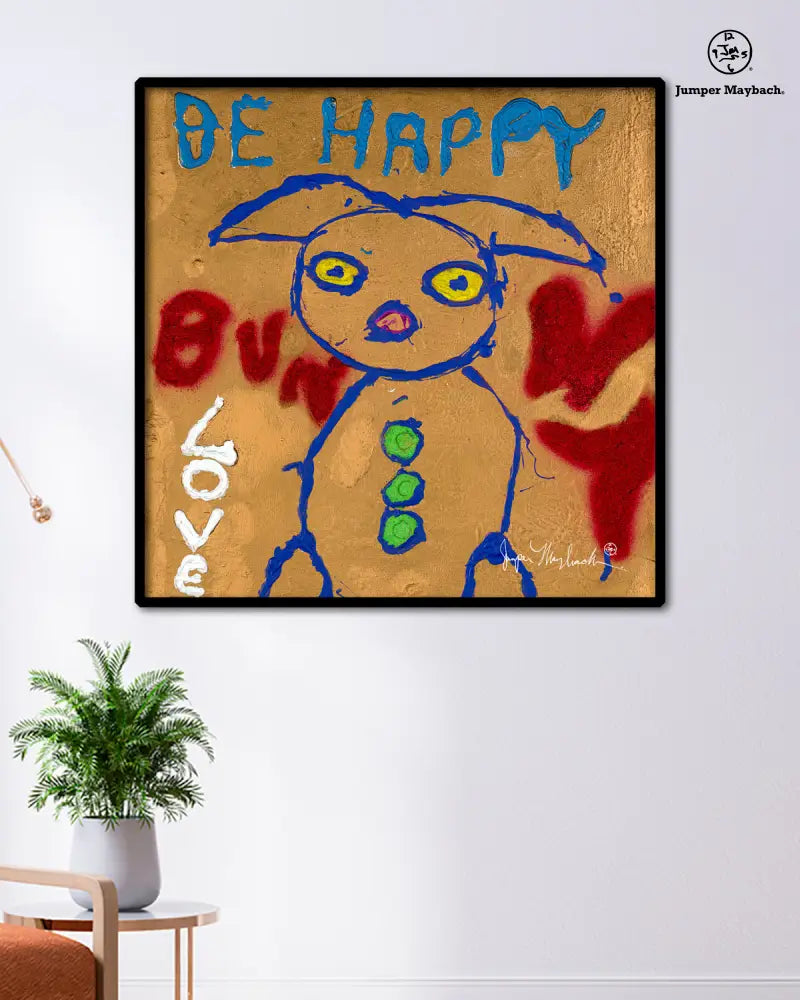 Be Happy Bunny print by Jumper Maybach on paper, featuring a colorful bunny illustration in a 20x20 inch size.