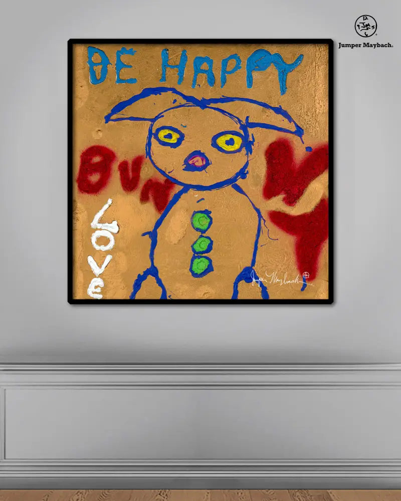 Print of Be Happy Bunny by Jumper Maybach on paper, featuring a cheerful bunny illustration in vibrant colors.