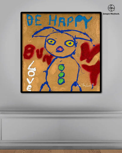 Print of Be Happy Bunny by Jumper Maybach on paper, featuring a cheerful bunny illustration in vibrant colors.